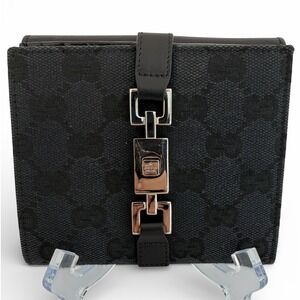 Gucci Vintage GG Canvas Black Leather Piston Clasp Bifold Wallet Made in Italy